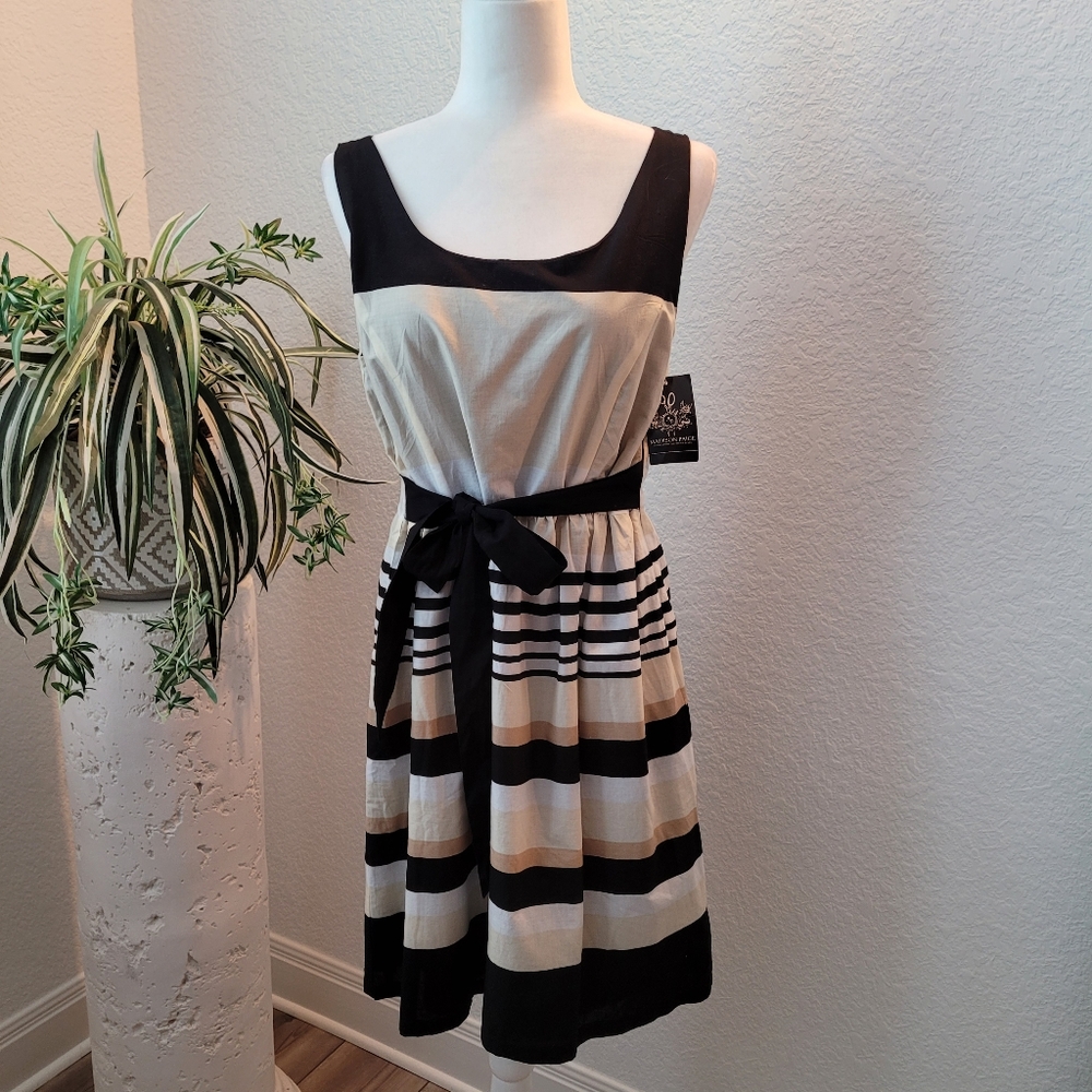 NWT Madison Paige White/Beige/Black Sleeveless Dress With Sash, sz XL